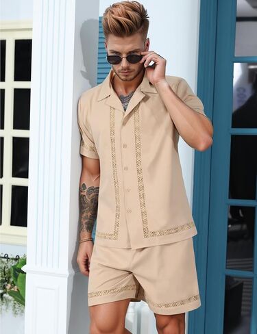 Mens 2 Pieces Linen Set Short Sleeve Shirt and Shorts Resort Wear Summer Vacation Beach Yoga Matching Outfits in Saudi Arabia
