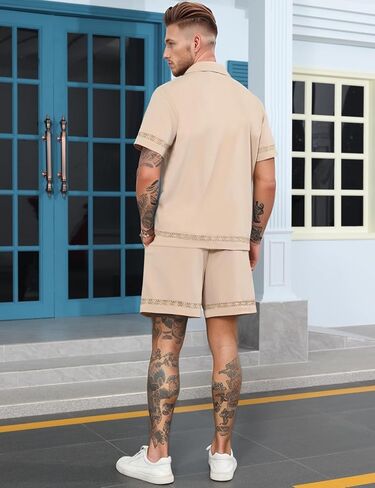 Mens 2 Pieces Linen Set Short Sleeve Shirt and Shorts Resort Wear Summer Vacation Beach Yoga Matching Outfits in Saudi Arabia