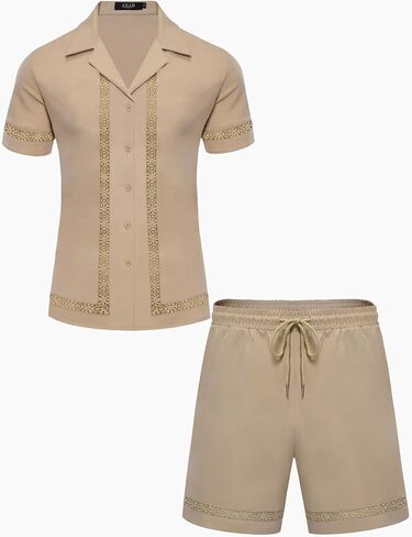 Mens 2 Pieces Linen Set Short Sleeve Shirt and Shorts Resort Wear Summer Vacation Beach Yoga Matching Outfits in Saudi Arabia