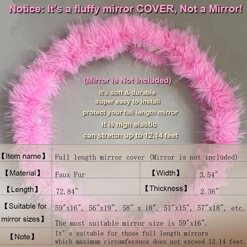 Fluffy Mirror Cover - 59"x16" Full Length Stretch Universal Ultra Soft Non-Slip Cover Warm Home Decor for Bedroom Cloakroom (Light Pink-Without Mirror, Suitable for 59"×16") in Saudi Arabia