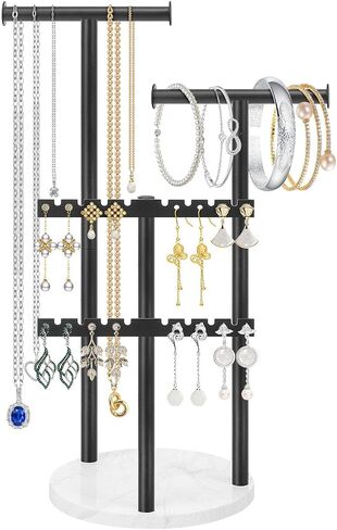 Jewelry Organizer Stand, 4-Tier Jewelry Display Storage Stand for Necklace, Earring, Bracelet, Metal Necklace Holder Stand for Home Décor, Jewelry Stand with Marble Base (Black, 13.38 Inch) in Saudi Arabia