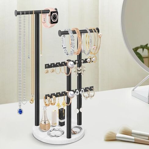 Jewelry Organizer Stand, 4-Tier Jewelry Display Storage Stand for Necklace, Earring, Bracelet, Metal Necklace Holder Stand for Home Décor, Jewelry Stand with Marble Base (Black, 13.38 Inch) in Saudi Arabia