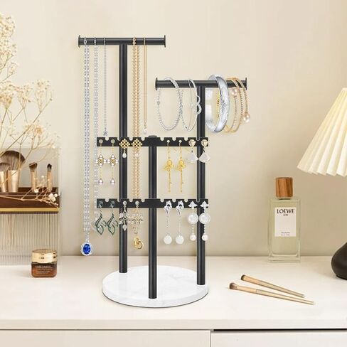 Jewelry Organizer Stand, 4-Tier Jewelry Display Storage Stand for Necklace, Earring, Bracelet, Metal Necklace Holder Stand for Home Décor, Jewelry Stand with Marble Base (Black, 13.38 Inch) in Saudi Arabia