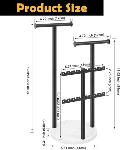 Jewelry Organizer Stand, 4-Tier Jewelry Display Storage Stand for Necklace, Earring, Bracelet, Metal Necklace Holder Stand for Home Décor, Jewelry Stand with Marble Base (Black, 13.38 Inch) in Saudi Arabia