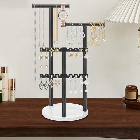 Jewelry Organizer Stand, 4-Tier Jewelry Display Storage Stand for Necklace, Earring, Bracelet, Metal Necklace Holder Stand for Home Décor, Jewelry Stand with Marble Base (Black, 13.38 Inch) in Saudi Arabia