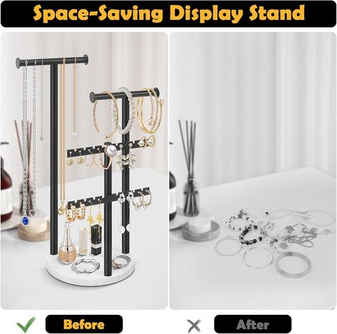 Jewelry Organizer Stand, 4-Tier Jewelry Display Storage Stand for Necklace, Earring, Bracelet, Metal Necklace Holder Stand for Home Décor, Jewelry Stand with Marble Base (Black, 13.38 Inch) in Saudi Arabia
