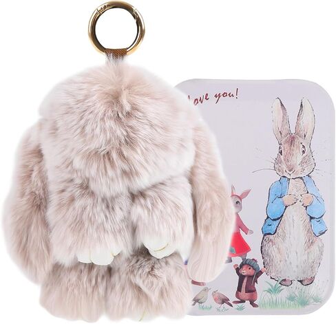Bunnnylulu Keychain with tin, Artificial Rabbit Fur Plush keyring with box, Handmade Soft Bunny Pompom Charms in Saudi Arabia