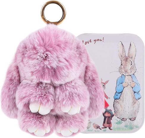Bunnnylulu Keychain with tin, Artificial Rabbit Fur Plush keyring with box, Handmade Soft Bunny Pompom Charms in Saudi Arabia