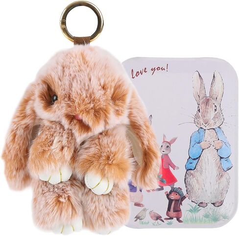 Bunnnylulu Keychain with tin, Artificial Rabbit Fur Plush keyring with box, Handmade Soft Bunny Pompom Charms in Saudi Arabia