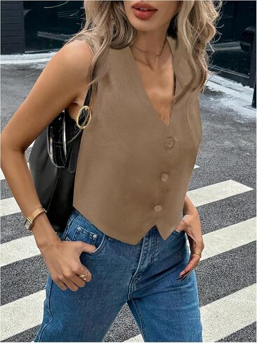 Milumia Women's V Neck Sleeveless Blazer Vest Top Button Front Going Out Crop Tank Top in Saudi Arabia