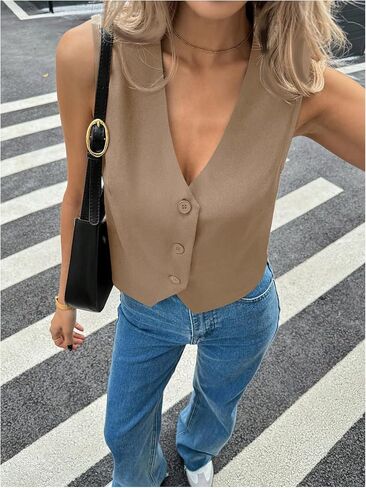 Milumia Women's V Neck Sleeveless Blazer Vest Top Button Front Going Out Crop Tank Top in Saudi Arabia