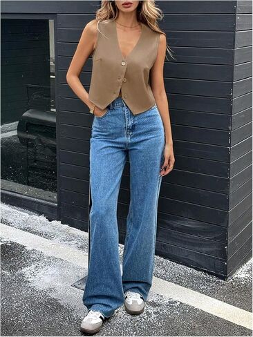 Milumia Women's V Neck Sleeveless Blazer Vest Top Button Front Going Out Crop Tank Top in Saudi Arabia