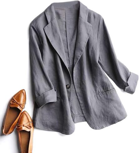 SOMTHRON Women's Casual Linen Blazer 3/4 Sleeve One Button Lapel Lightweight Work Office Dressy Suit Jacket in Saudi Arabia