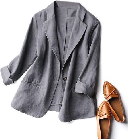 SOMTHRON Women's Casual Linen Blazer 3/4 Sleeve One Button Lapel Lightweight Work Office Dressy Suit Jacket in Saudi Arabia