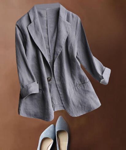 SOMTHRON Women's Casual Linen Blazer 3/4 Sleeve One Button Lapel Lightweight Work Office Dressy Suit Jacket in Saudi Arabia