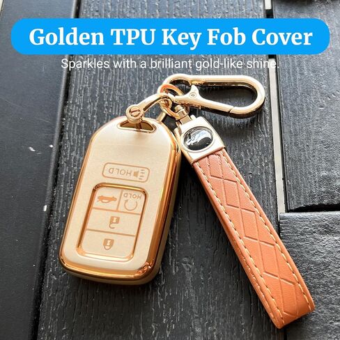 للحصول على غطاء FOB Honda Key مع سلسلة المفاتيح ، فإن TPU Soft Full Protection Car Key Case متوافق مع Honda 2015-2022 Accord Civic CRV Ridgeline Passport Odyssey 5 Button Button FOB Accessories ، Gold in Kuwait