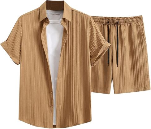 Men's 2 Piece Vacation Outfits Short Sleeve Button Up Cuban Shirts and Drawstring Waist Beach Shorts in Kuwait