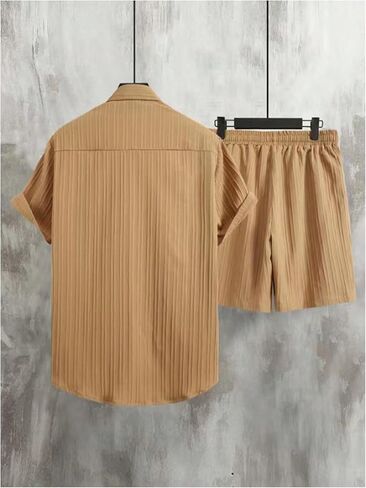 Men's 2 Piece Vacation Outfits Short Sleeve Button Up Cuban Shirts and Drawstring Waist Beach Shorts in Kuwait