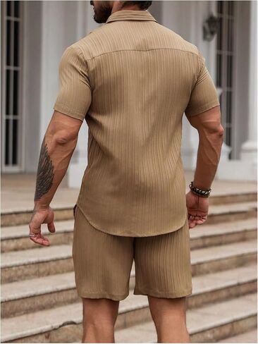 Men's 2 Piece Vacation Outfits Short Sleeve Button Up Cuban Shirts and Drawstring Waist Beach Shorts in Kuwait