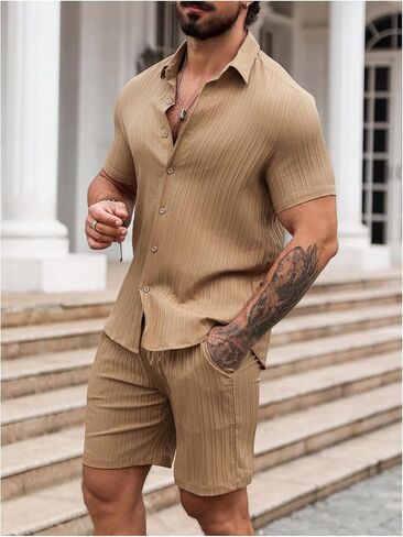 Men's 2 Piece Vacation Outfits Short Sleeve Button Up Cuban Shirts and Drawstring Waist Beach Shorts in Kuwait