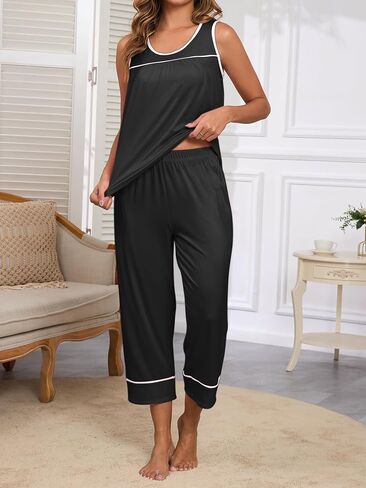 iChunhua Capri Pajama Sets for Women 2 Piece Comfy Cute Pjs Crew Neck Sleeveless Lounge Set for Summer in Kuwait