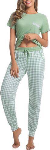difficort Womens Pajama Sets Short Sleeve Pjs with Long Plaid Pants Sleepwear Lounge Set with Pocket in Kuwait