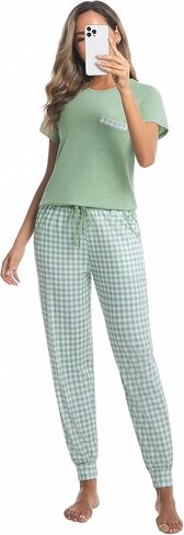 difficort Womens Pajama Sets Short Sleeve Pjs with Long Plaid Pants Sleepwear Lounge Set with Pocket in Kuwait