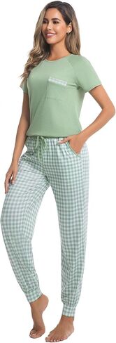 difficort Womens Pajama Sets Short Sleeve Pjs with Long Plaid Pants Sleepwear Lounge Set with Pocket in Kuwait