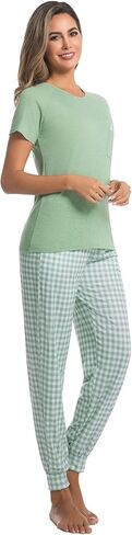 difficort Womens Pajama Sets Short Sleeve Pjs with Long Plaid Pants Sleepwear Lounge Set with Pocket in Kuwait