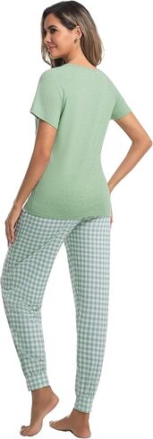 difficort Womens Pajama Sets Short Sleeve Pjs with Long Plaid Pants Sleepwear Lounge Set with Pocket in Kuwait