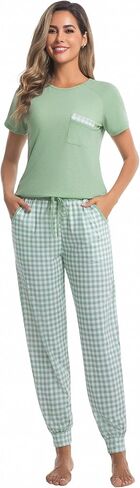 difficort Womens Pajama Sets Short Sleeve Pjs with Long Plaid Pants Sleepwear Lounge Set with Pocket in Kuwait