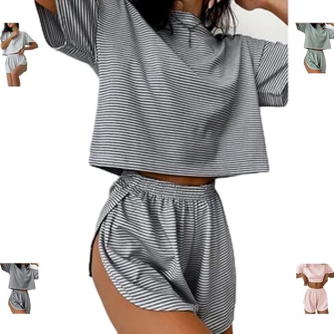 Split Short Pajama Set, Womens Striped Pajamas Set,Two Piece Set Striped Print Drop Shoulder Tee Wrap Split Shorts in Saudi Arabia