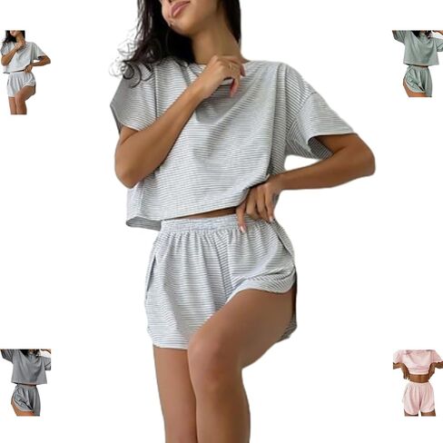 Split Short Pajama Set, Womens Striped Pajamas Set,Two Piece Set Striped Print Drop Shoulder Tee Wrap Split Shorts in Saudi Arabia