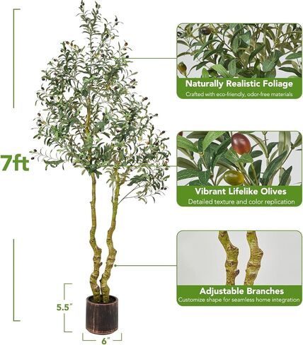 7FT Tall Faux Olive Tree Artificial - Extra Large Fake Tree with Lifelike Branches & Fruits, Statement Indoor/Outdoor Decor for Lobby, Open Concept Living Room, Luxury Spaces in Kuwait