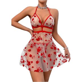 Women's 2 Piece Floral Print Sheer Mesh Halter Cut Out Babydoll Lingerie Dress with Thong