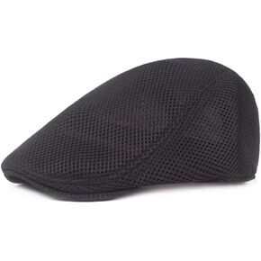 Men's Mesh Flat Cap Breathable Summer Newsboy Hat Adjustable Duckbill Ivy Gatsby Cabbie Driving Hat Black