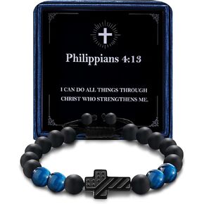 Patriotic Christian Cross Bracelet for Boys Teens Men - Adjustable Tiger Eye Beads with Protection Charm Religious Bracelet Faith Jewelry Gift