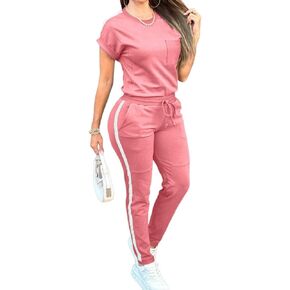 CHICME 2 Pieces Outfits for Women Summer Short Sleeve Tops and Striped Print Sweatpants with Pockets