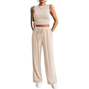 HBQ Women Summer 2 Piece Outfits Ribbed Knit Crew Neck Sleeveless Cropped Tank Top Wide Leg Sweatpants Tracksuit Lounge Sets