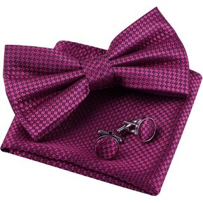 Alizeal Mens Solid Mini Plaid Bow Tie, Pocket Square with Cufflinks Pre-tied Tie Set