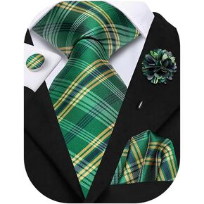 Hi-Tie Mens Zipper Tie Set Lapel Pin Pocket Square And Cufflinks Formal Business Wedding Adjustable Necktie,Yellow Navy Green