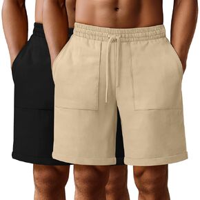 Neer 2 Pack Men's Big and Tall Cotton Linen Bermuda Shorts, Casual 7'' Elastic Drawstring Flat Front Shorts with Pockets