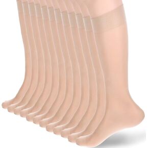 6 Pairs Knee High Stockings for Women, 20D Nylon Knee Highs for Women High Nylons Sheer Trouser Stockings with Reinforced Toes Skin Color One Size