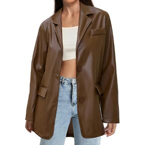 American Trends Womens Oversized Leather Jacket Faux Leather Blazer Fashion Clothes Lapel Outfits