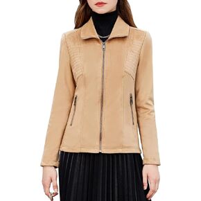 S P Y M Womens Faux Leather Jacket, Casual Fashion Quilted Zip Up Suede Coat With Elastic Rib