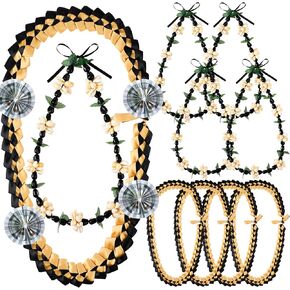8 Pcs Graduation Leis Kukui Nut Necklaces, Class of 2025 Hawaiian Nut Necklace with Cowrie Shell Faux Leaf Black and Gold Graduation Ribbon Leis Gift Set for Women Men Ceremony Party Accessories
