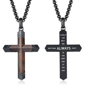 Wooden Cross Bible Verse Necklace for Men, Hawaiian Handmade Real Black Ebony Wood Cross Pendant Stainless Steel Chain, Mens Cross Necklaces Koa Wood Jewelry Christian Baptism Easter Gifts