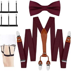 GUSLESON Suspenders & Bowtie Set Men's Elastic Band Suspenders + Bowtie + Shirts Holder for Wedding, Formal Events