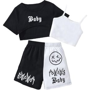 Floerns Girl's 3 Piece Outfit Letter Graphic Crop Top Camisole and Colorblock Shorts Set