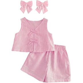MakeMeChic Toddler Girl's Summer Clothes Bow Striped Tank Top Shorts Set Cute Outfits